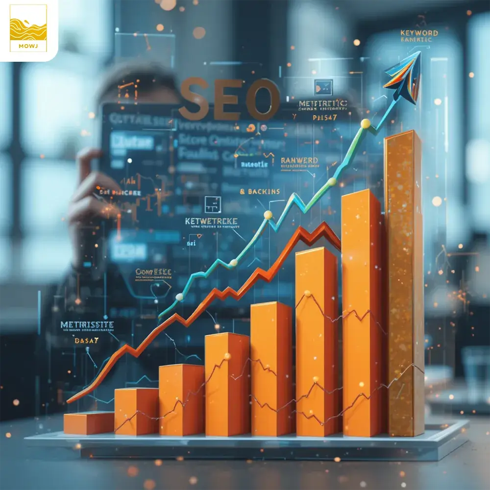 A graph illustrating upward trends in key SEO performance metrics, such as website traffic, keyword rankings, conversion rates, and backlinks, highlighting positive growth and the importance of data-driven strategies.