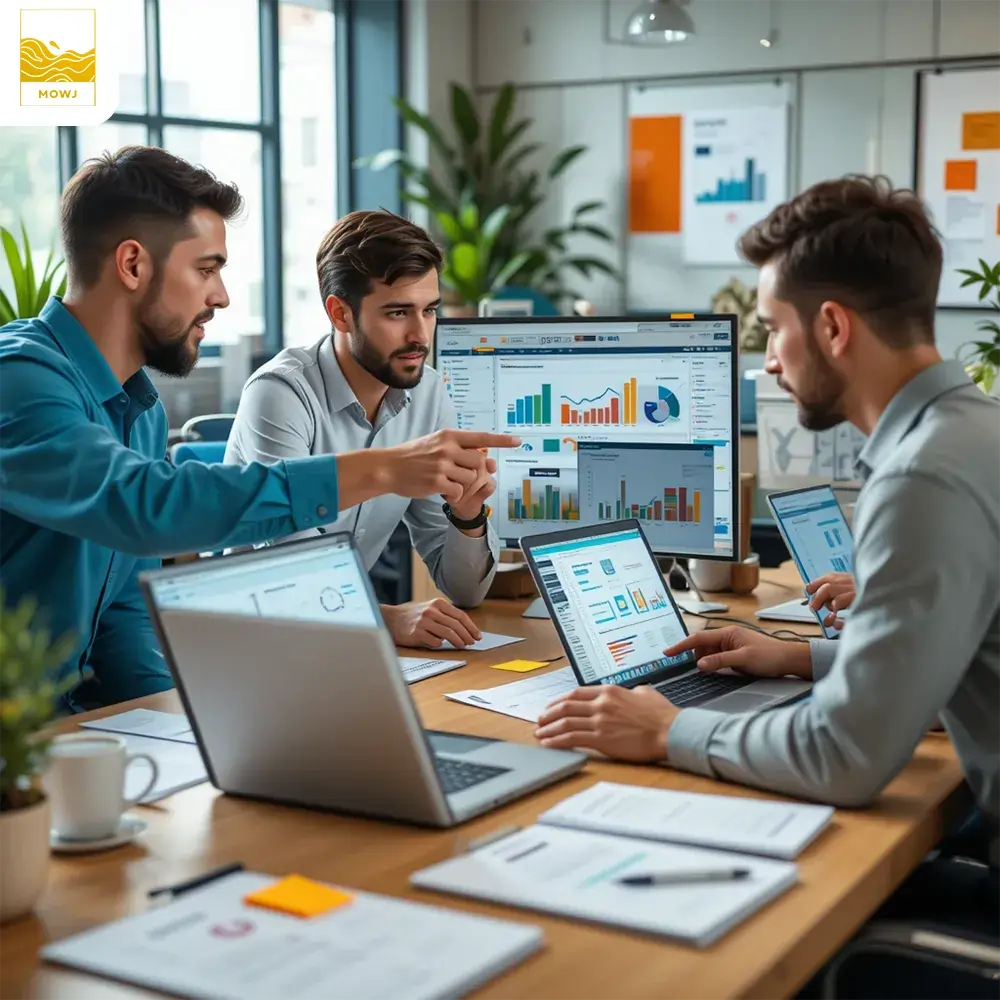 A realistic office scene of a team of SEO professionals working together around a desk. They are discussing strategies with laptops displaying graphs, keyword data, and SEO tools. The workspace includes reports, sticky notes, and a cup of coffee, with soft lighting and a modern office environment.