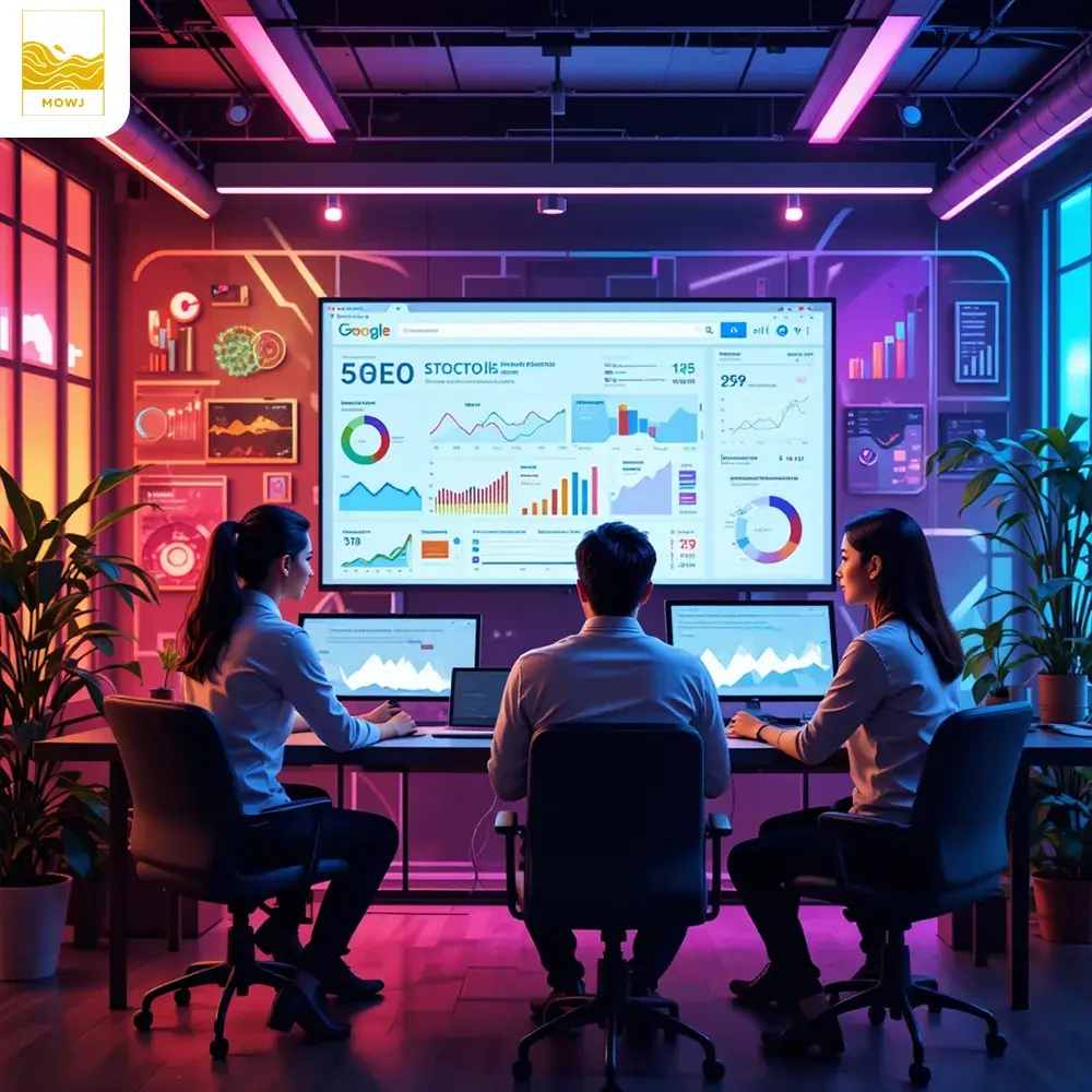 Alt: "A modern digital marketing workspace with professionals analyzing SEO data and using tools to boost website traffic, with graphs and performance metrics displayed on the screen."
