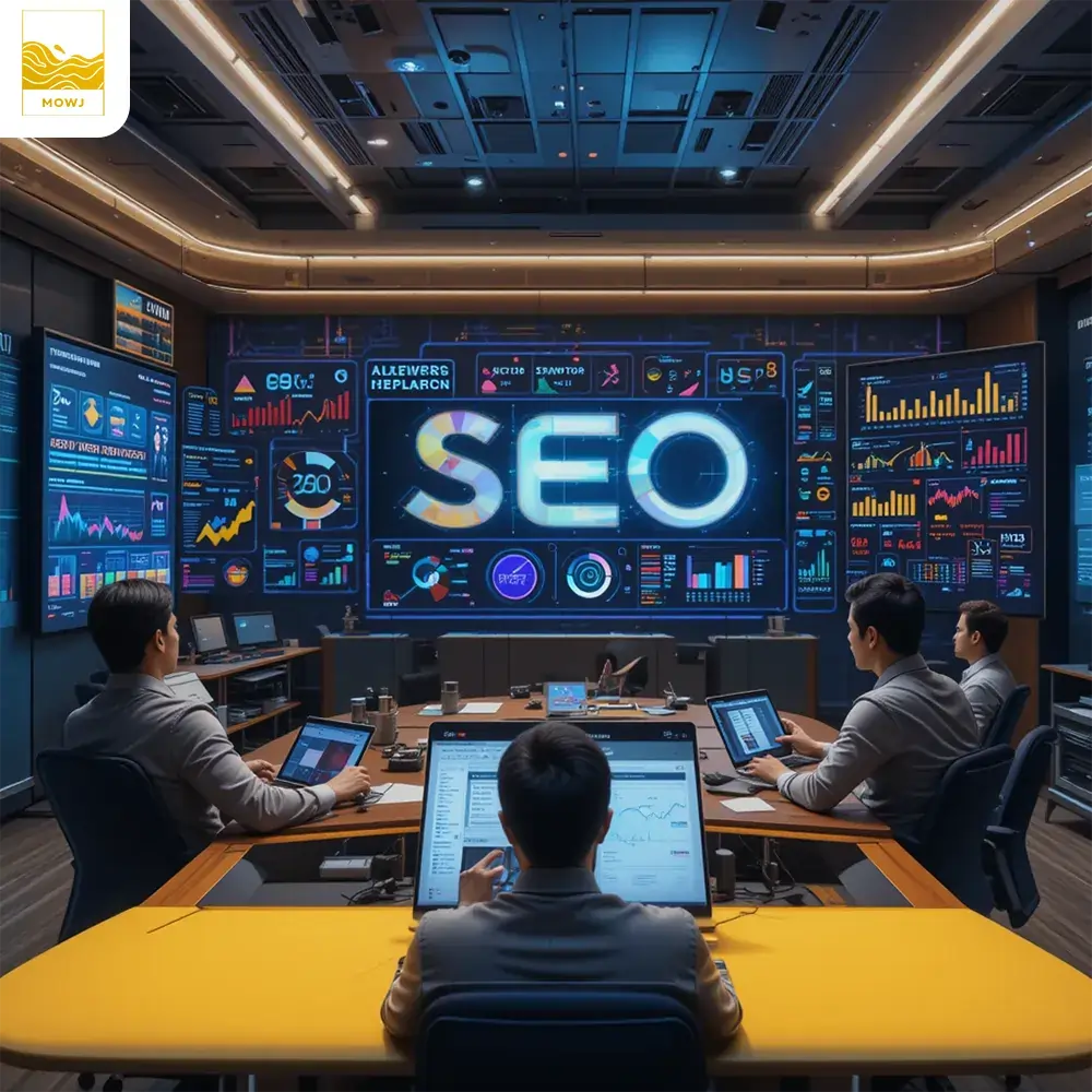 A professional SEO training session with experts analyzing data, keywords, and charts to understand search engine optimization concepts.