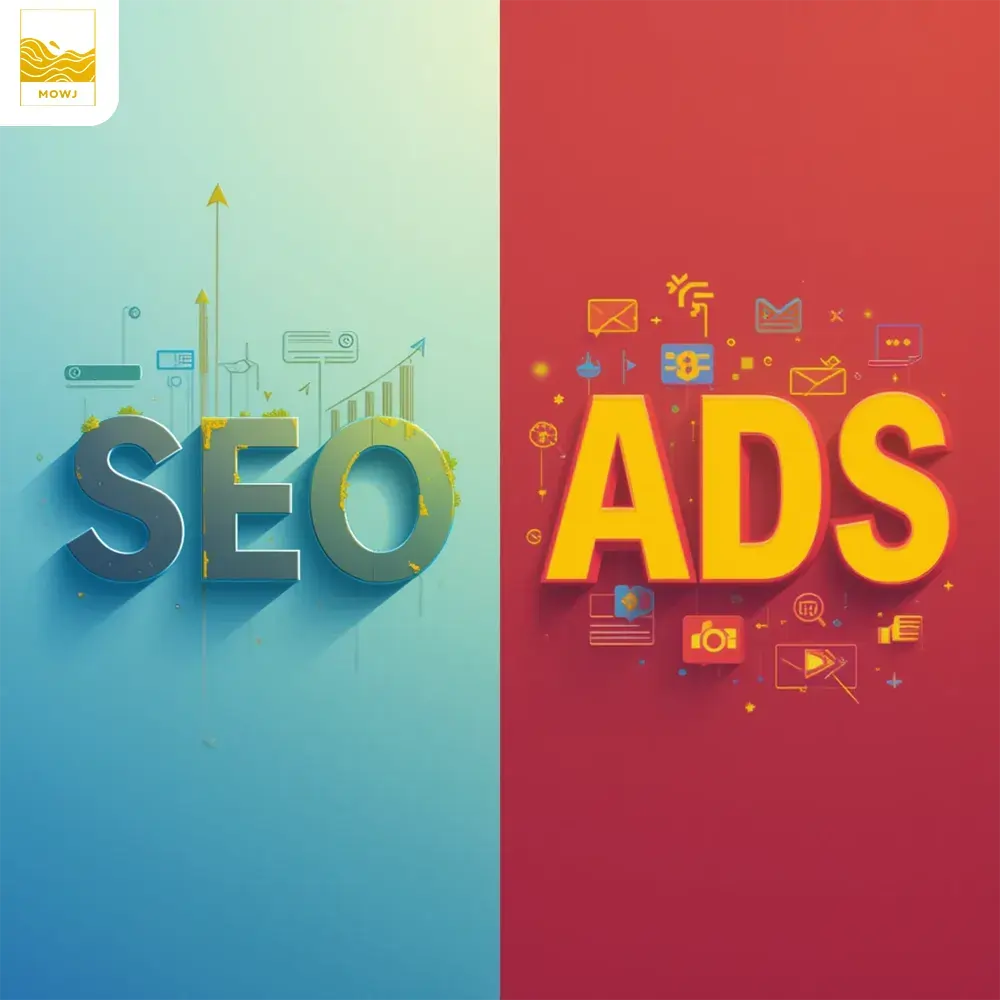 An image showcasing the contrast between SEO and Google Ads, with calm blue tones representing organic growth through SEO and vibrant red and yellow tones symbolizing the fast-paced nature of paid advertising.
