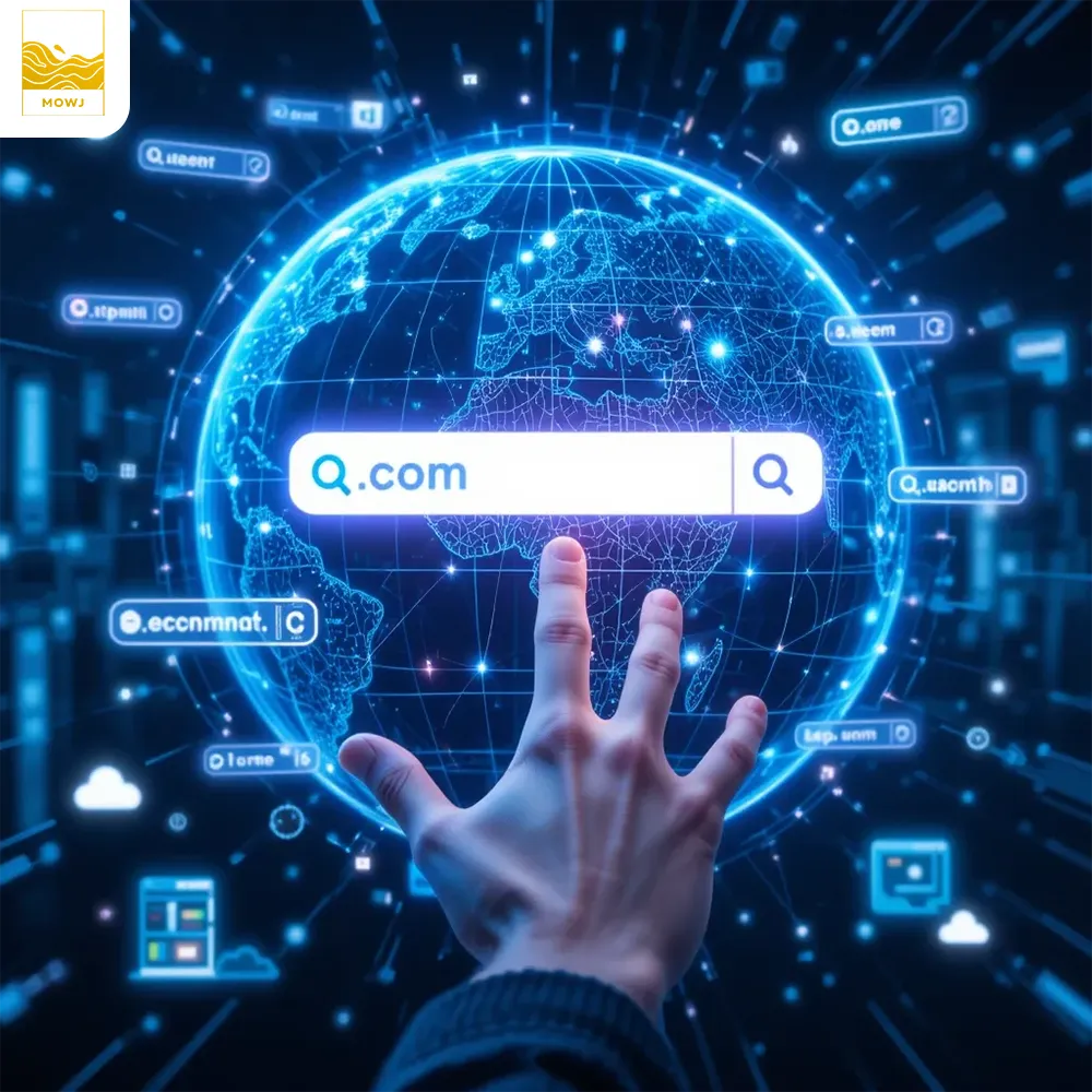 A futuristic digital illustration of the internet and domain names, featuring a glowing 3D globe with interconnected lines and nodes. Floating website address bars with various domain extensions (.com, .net, .org, .ir, etc.) surround the globe, representing the diversity of domain choices.