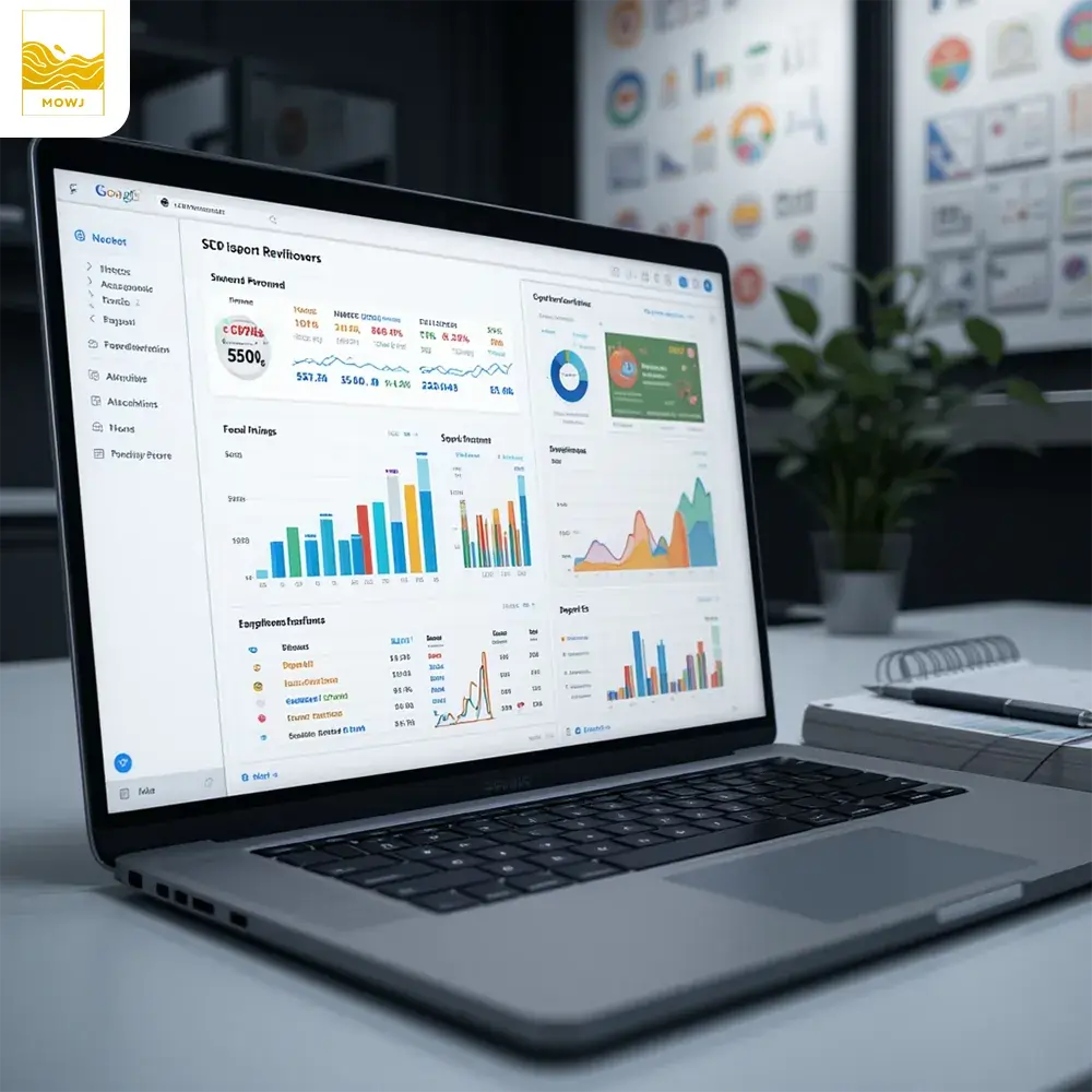 A sleek, modern workspace with an open laptop displaying an SEO dashboard featuring colorful graphs, keyword metrics, and rankings. Next to the laptop is a notebook with SEO report notes, while a whiteboard in the background showcases flowcharts and SEO strategies. The dark room and background create a focused, professional atmosphere, emphasizing a data-driven approach to SEO analysis.