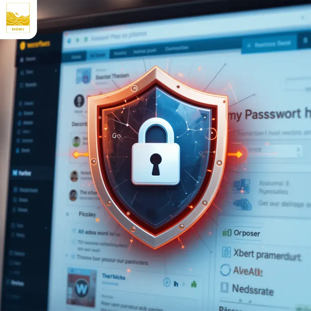 A WordPress website secured with advanced protection, featuring a shield icon with a lock, symbolizing strong security measures like strong passwords, two-factor authentication, and firewall settings. The image emphasizes the importance of safeguarding websites from hackers and unauthorized access.