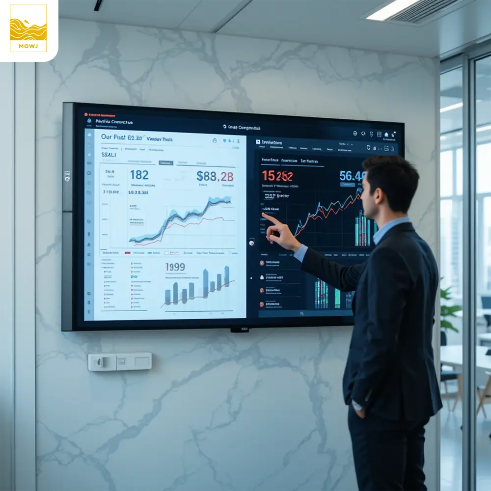 A digital marketing professional analyzing A/B test results on a large interactive screen, comparing two versions of a webpage ('Version A' and 'Version B'). Key metrics like conversion rates, click-through rates, and engagement are displayed. The professional points at a graph showing the performance difference between the two versions, emphasizing how A/B testing helps optimize business strategies and improve sales. The modern office setting is clean, bright, and sleek.