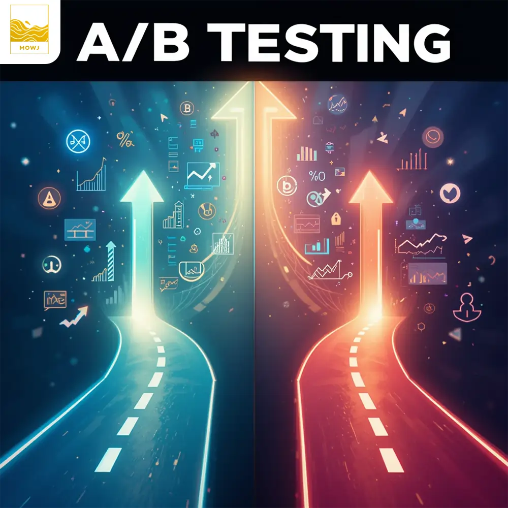 An abstract image showing two paths representing 'Version A' and 'Version B' in A/B testing. Both paths lead to glowing arrows symbolizing increased sales, with key metrics like conversion rates and click-through rates floating along the paths. The image highlights the impact of A/B testing on optimizing business performance.