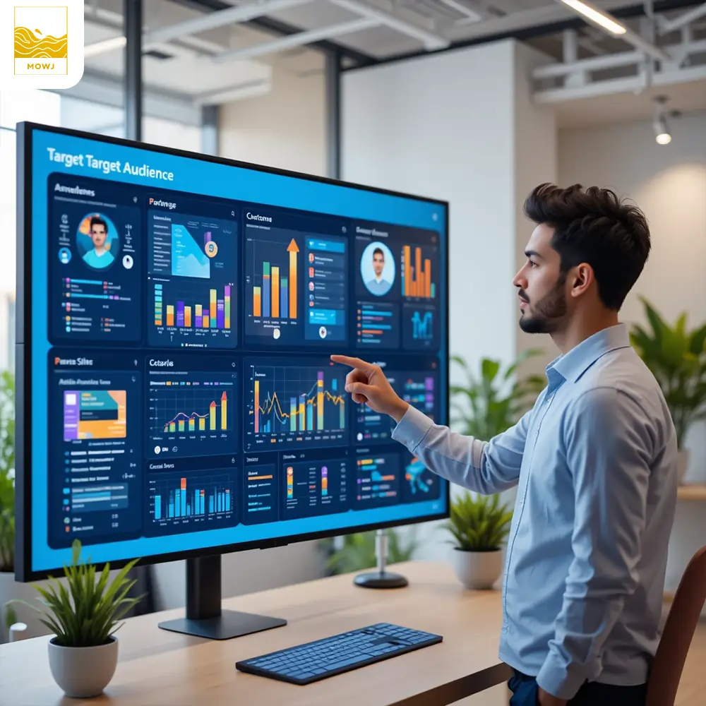A modern digital marketer analyzing target audience data on a large interactive screen with colorful graphs, personas, and segmentation charts in a stylish office.