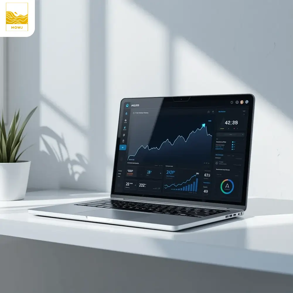 Modern laptop on a clean white desk displaying a rising click-through rate (CTR) graph and a professional SEO analytics dashboard, set in a sleek, minimalist workspace with soft lighting and subtle growth-focused design elements.
