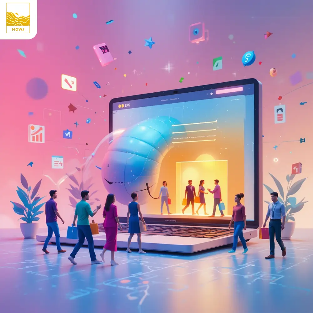 An artistic digital concept of user clicks turning into real customers, showing a mouse click transforming into human figures entering a glowing shop, representing high conversion.