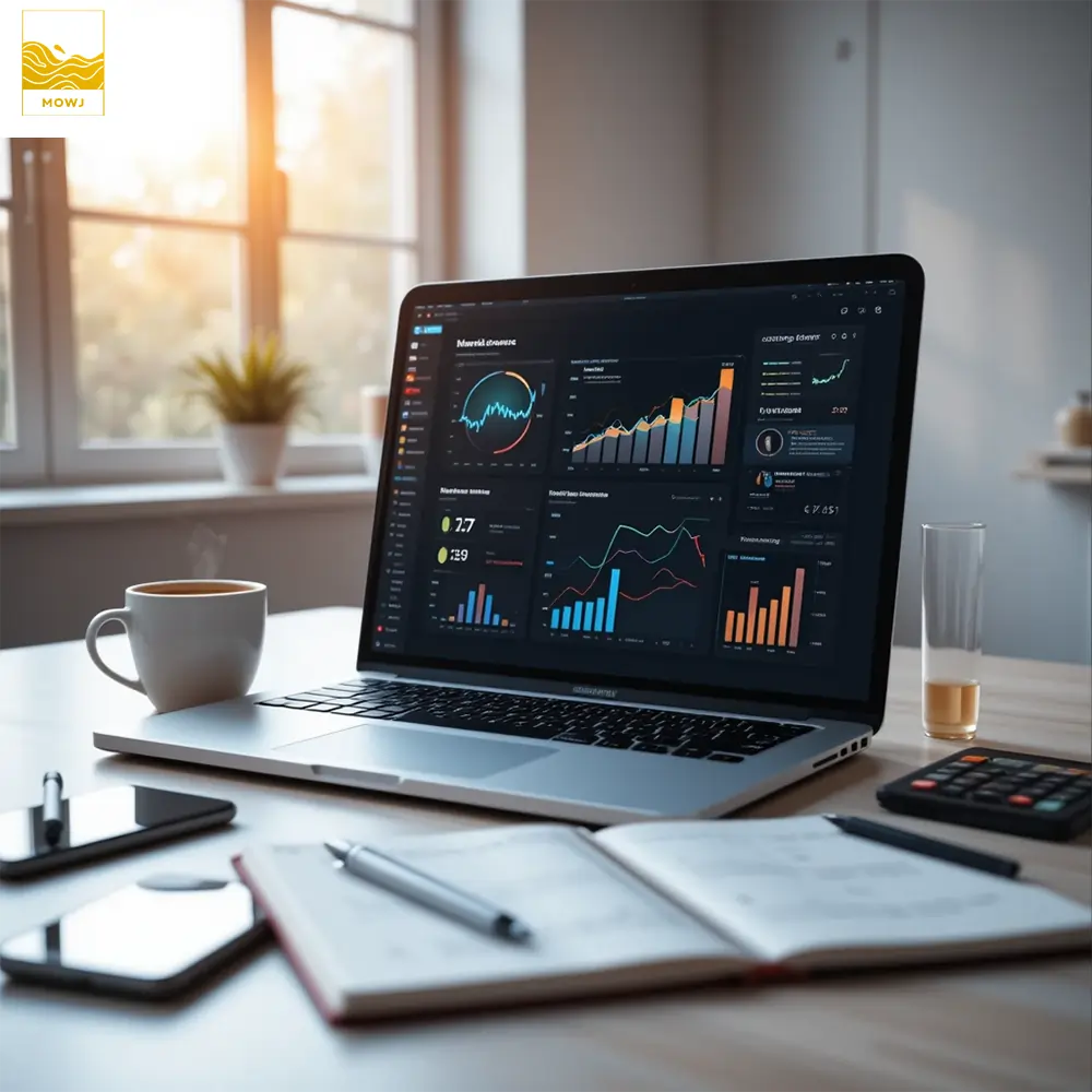 A professional workspace featuring a laptop displaying a digital marketing dashboard with analytics and graphs. The scene includes a cup of coffee, a notebook with strategy notes, and a smartphone, symbolizing a balance of creativity and efficiency in online advertising.