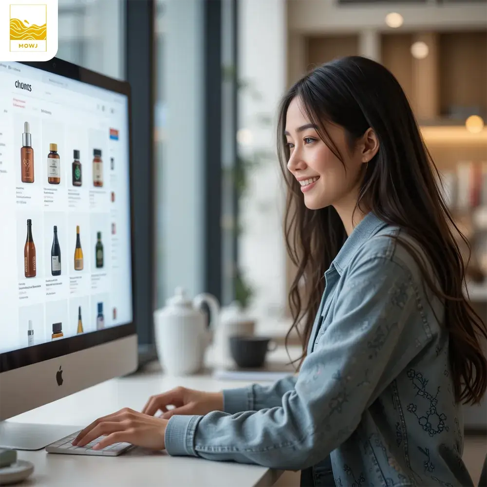 A satisfied customer browsing an e-commerce website, finding products effortlessly, adding to cart, and completing checkout with ease, showcasing a user-friendly interface and fast loading speed.