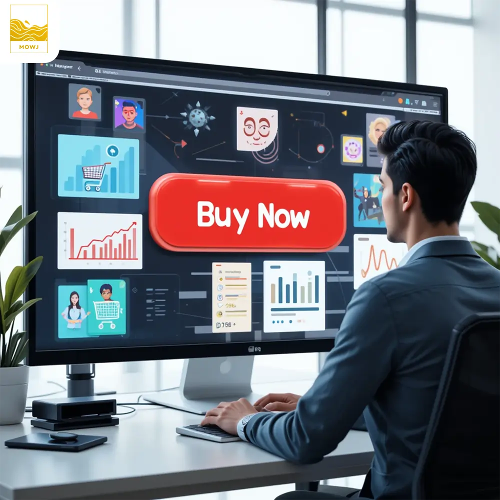 A digital marketing scene with a person analyzing online ads on a screen displaying shopping carts, graphs, and emotional triggers like urgency, scarcity, and discounts.