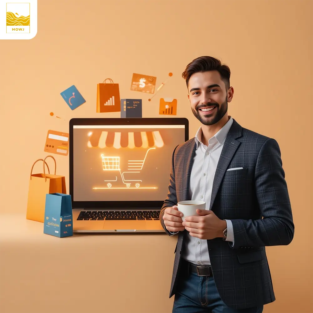 A futuristic floating digital marketplace in the clouds with glowing storefronts, holographic products, and entrepreneurs managing online stores in a dreamy sci-fi setting.