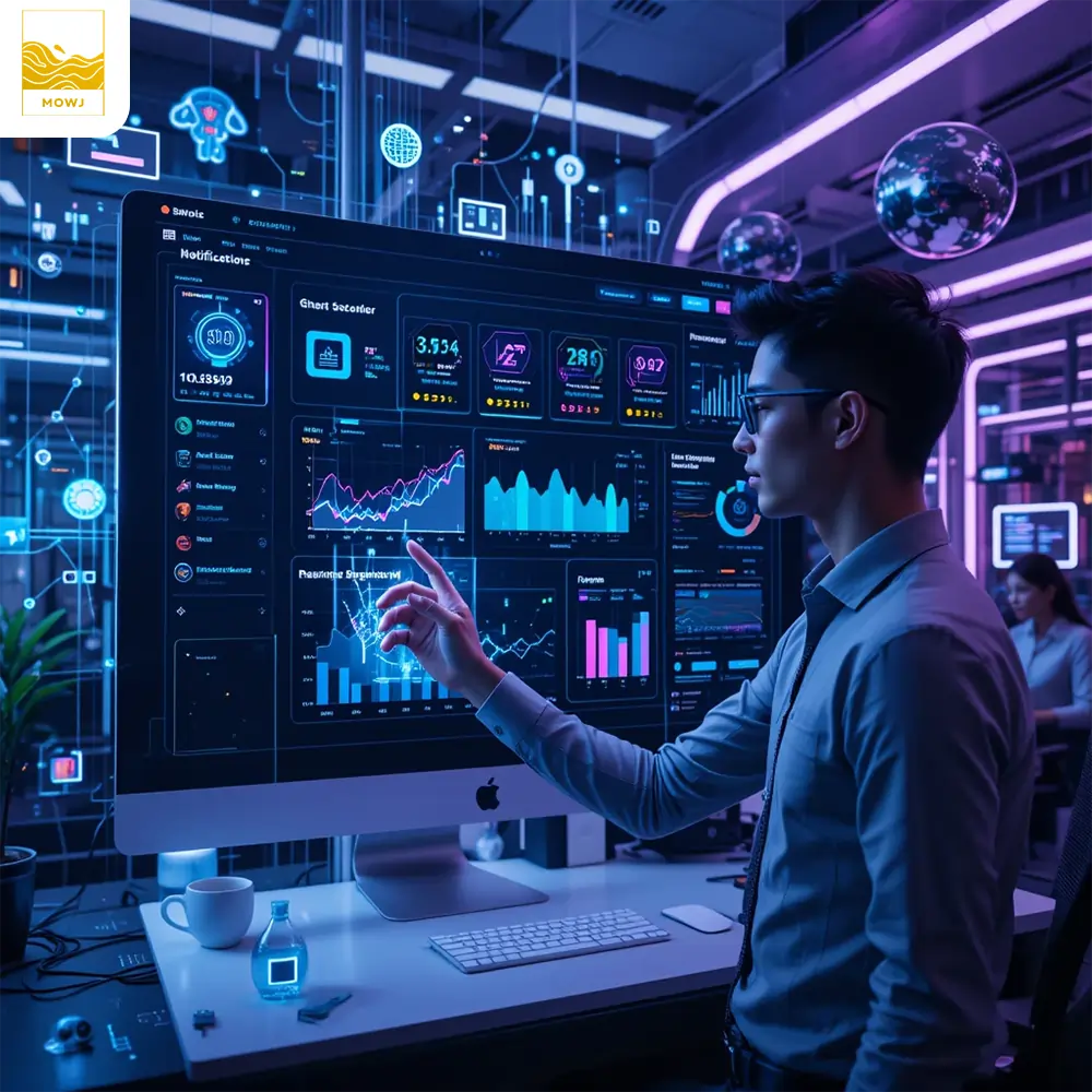 High-tech 3D scene of a futuristic smart website dashboard with real-time analytics, AI chatbots, and automation flows on a glowing screen. A young professional in smart glasses interacts with a holographic interface in a modern office space, with neon lighting and digital network elements symbolizing artificial intelligence.