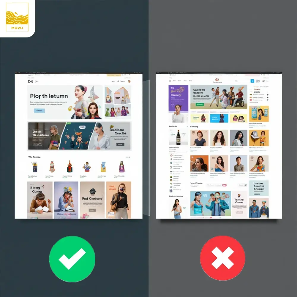 A side-by-side comparison of e-commerce websites: On the left, a clean, user-friendly site with fast loading and mobile responsiveness. On the right, a cluttered, slow-loading site with confusing navigation and poor readability.
