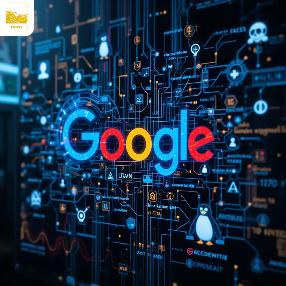 A conceptual digital image showing abstract representations of Google algorithms, ranking systems, crawling bots, and updates like Panda and Penguin.