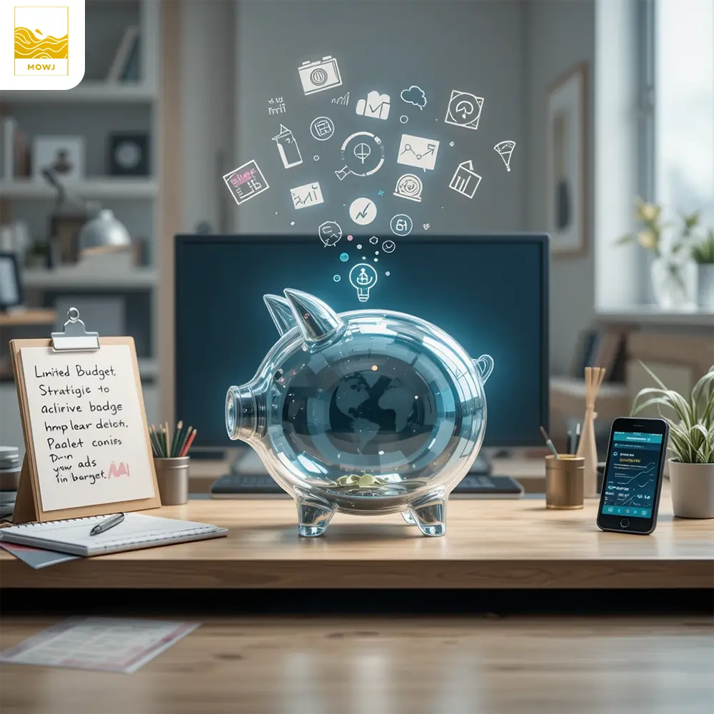 Image showing a transparent piggy bank surrounded by digital marketing icons, symbolizing efficient online advertising on a small budget for startups.