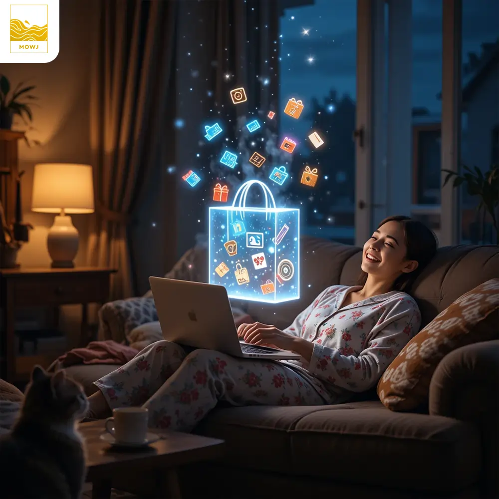 A cozy night scene of a person shopping online at home, with glowing digital items emerging from a laptop, creating a warm and magical shopping experience.