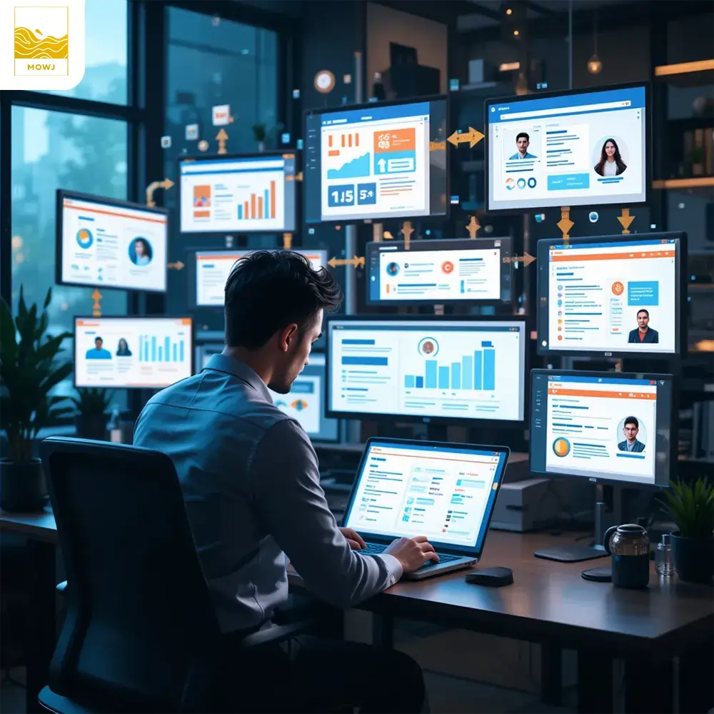 A business owner or marketer analyzes data on a laptop, surrounded by digital screens displaying automated processes like scheduled emails, social media posts, and CRM-managed customer interactions, illustrating the efficiency and streamlining of repetitive tasks through automation.