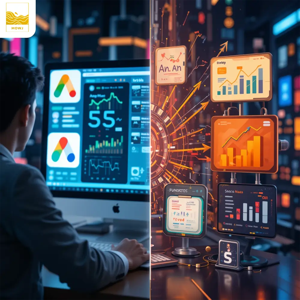 Split image showing different online advertising types like Google Ads, social media, SEO, and display ads, with a digital marketer analyzing data.