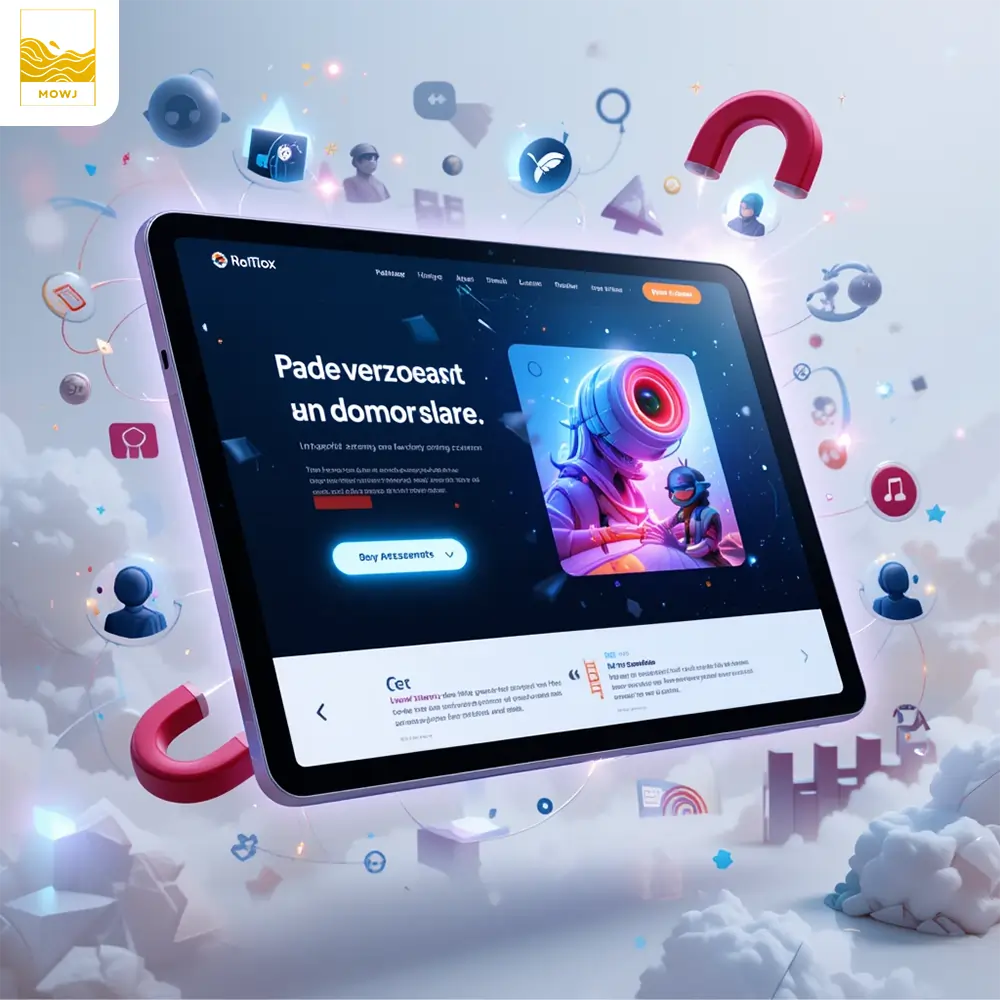 A sleek, modern digital illustration of an ideal landing page with strong visuals, a CTA button, and engaging layout, attracting users with a magnetic effect.