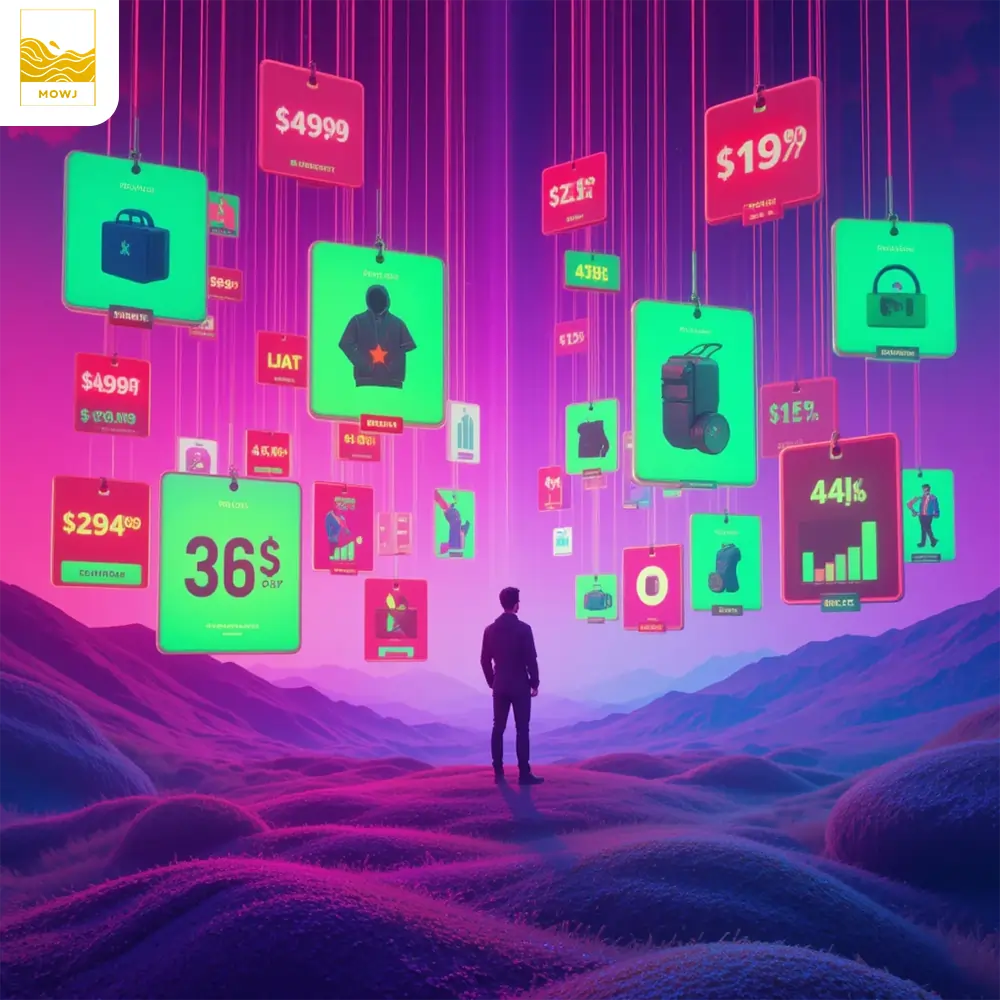 Abstract digital landscape symbolizing the psychological effects of pricing in online markets, featuring floating product images with dynamic price tags shifting colors from red to green, guiding consumer decision-making.