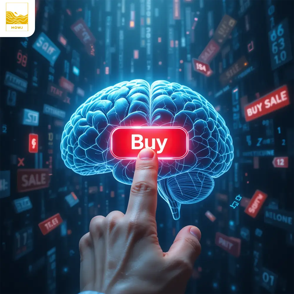 A surreal image showing a glowing "Buy" button pressed inside a transparent brain, surrounded by binary code and sale tags, representing subconscious buying triggers.