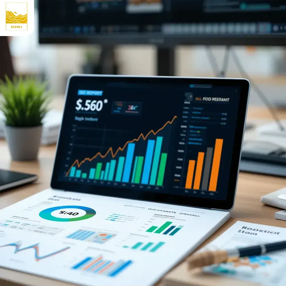 A realistic image of an SEO report document on a desk, displaying detailed data, charts, and graphs with upward growth trends in a professional and clean layout.