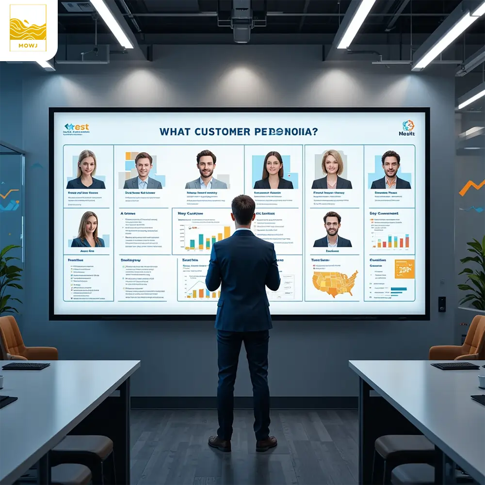 A business professional analyzing customer personas on a digital screen, focusing on selecting the ideal persona for boosting sales. The office is modern and strategic.