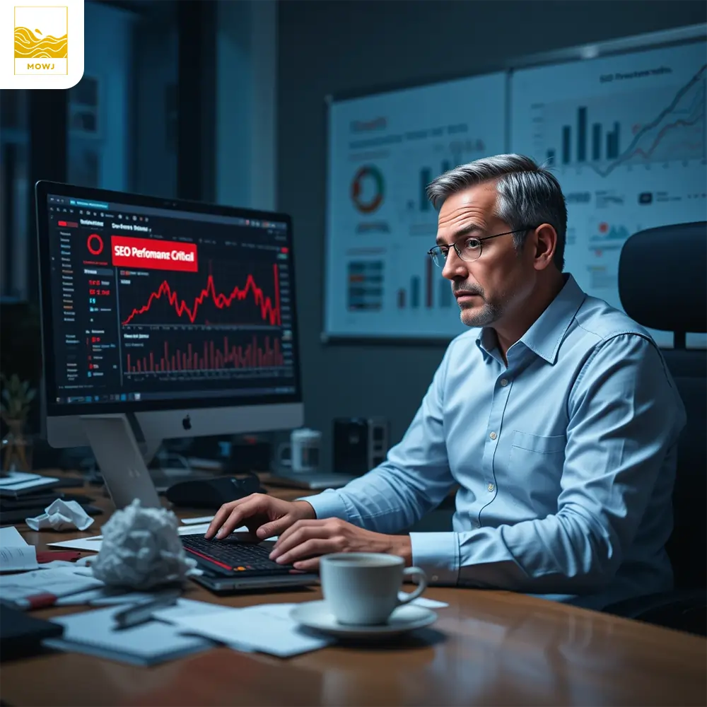 A realistic photo of a stressed entrepreneur alone in a modern office at night, looking at SEO analytics with red downward graphs and a warning showing performance failure.