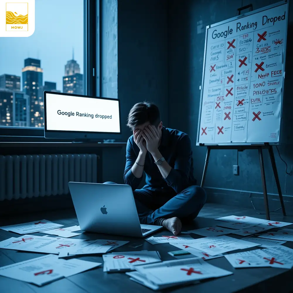 A realistic photo of a worried entrepreneur sitting alone at night in his office, staring at his laptop with red downward SEO graphs, surrounded by failed reports and coffee.