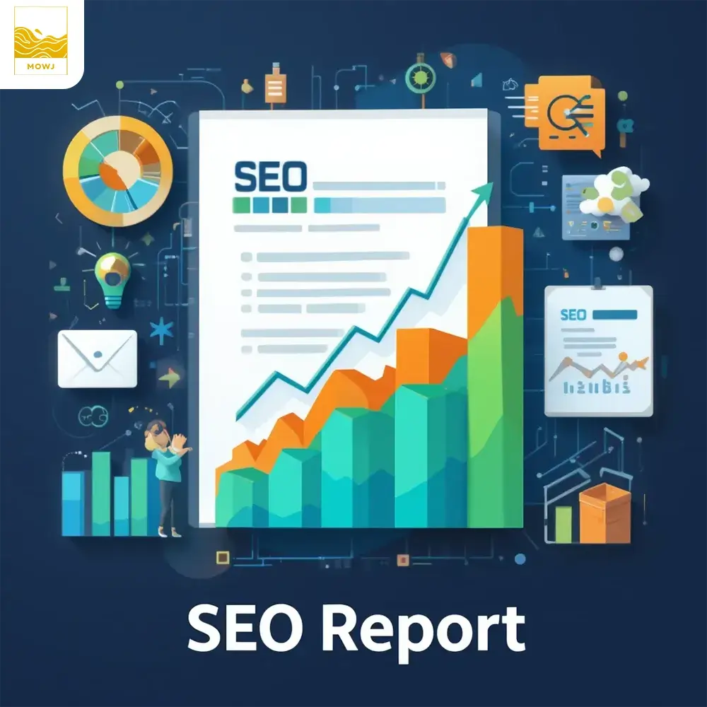 A modern SEO report with upward growth charts, graphs, and colorful analytics, showing detailed data and analysis in a clean and professional layout.