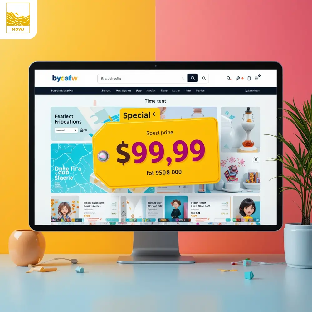Modern e-commerce interface showcasing a product page with a bold price tag of ‘$99.99,’ minimalistic background, vibrant colors, and a countdown timer, highlighting psychological pricing tactics to boost online sales.