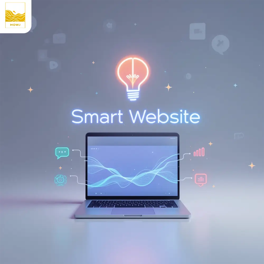 Minimalist illustration of a smart website concept featuring a glowing "Smart Website" title, brain-shaped lightbulb, simplified laptop interface, and pastel tech icons on a soft background.