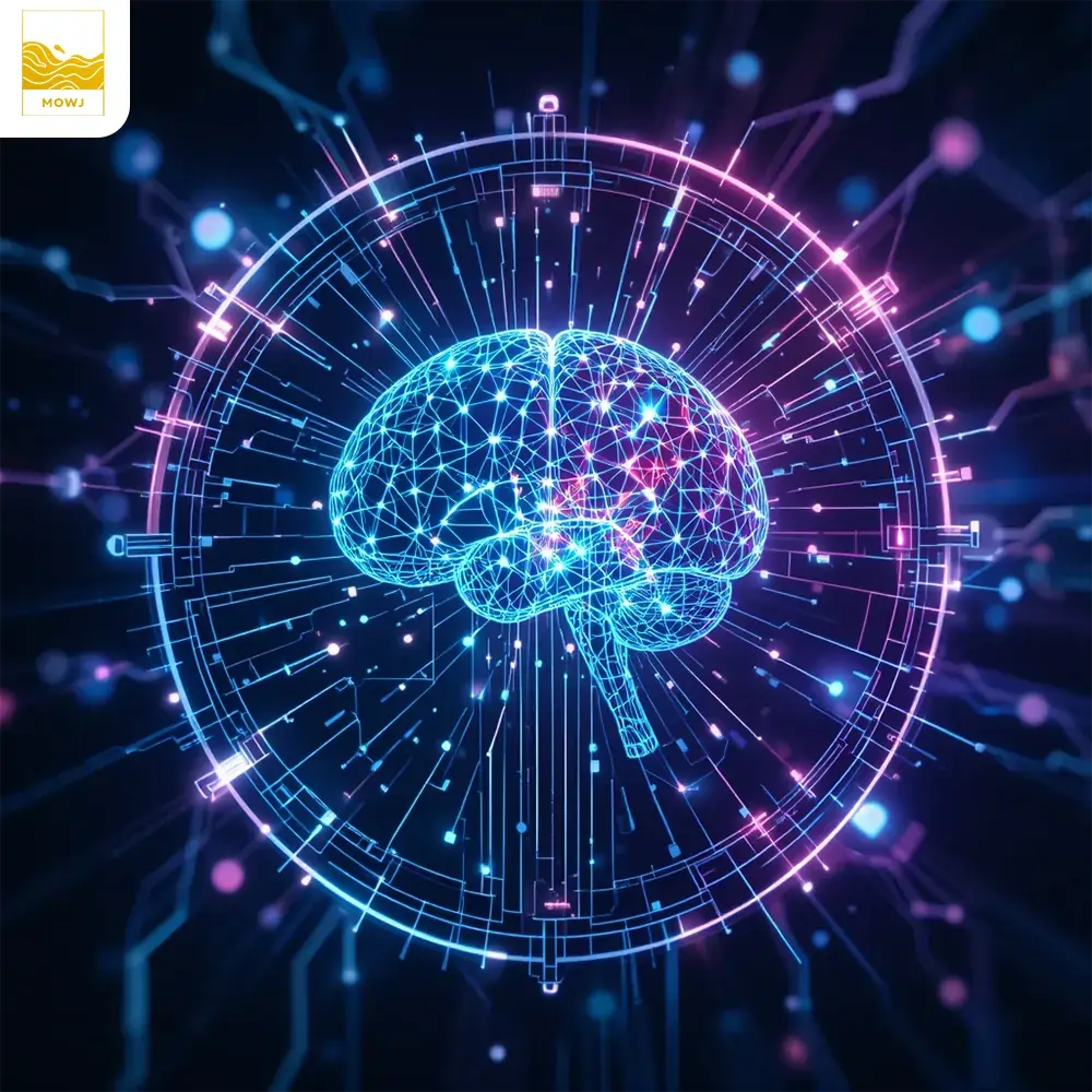 A digital representation of an AI brain, with glowing neural connections and abstract data streams flowing through it, symbolizing advanced artificial intelligence.