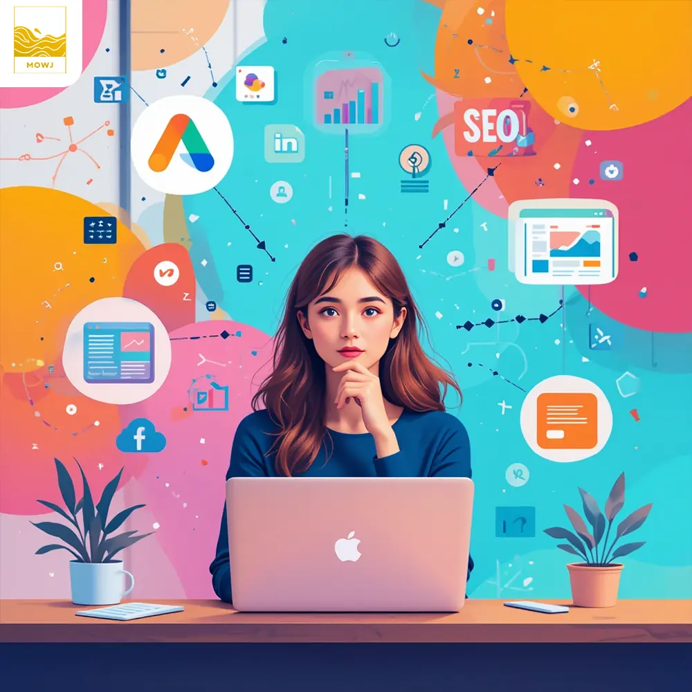 A thoughtful woman surrounded by icons representing various online advertising methods, such as Google Ads, SEO, and social media, in a creative digital setting.