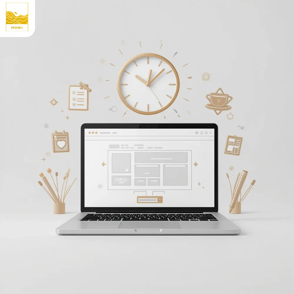 Minimalist illustration of a web designer's desk with a laptop, floating clock, and creative UI elements showing website design in progress over time.
