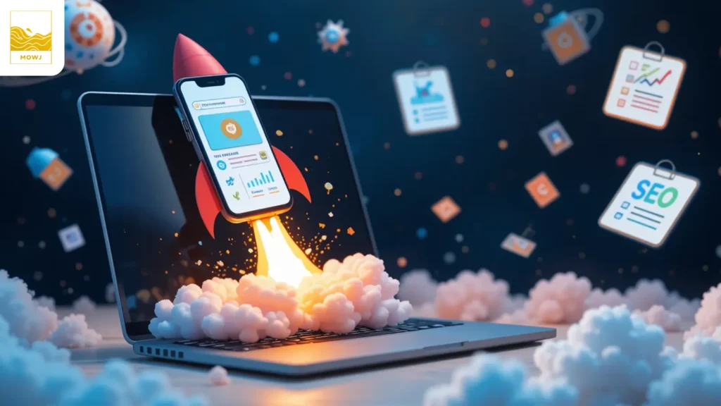 Alt Text: A rocket-shaped smartphone launching from a laptop screen, symbolizing mobile SEO success with digital keywords, graphs, and floating checklists.