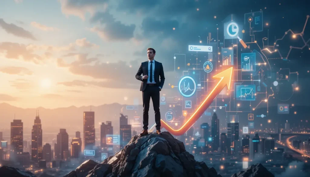 Business owner standing confidently on rising growth chart surrounded by SEO icons symbolizing investment and long-term success.
