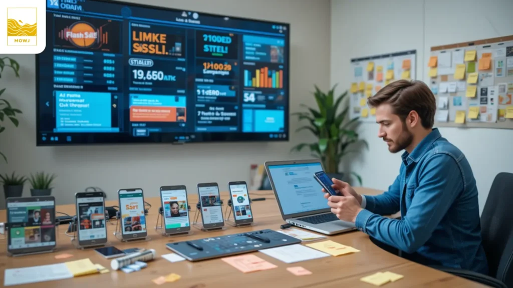 A marketing specialist analyzing SMS campaigns at a busy office desk with multiple smartphones, promotional messages, and real-time performance stats on screen.