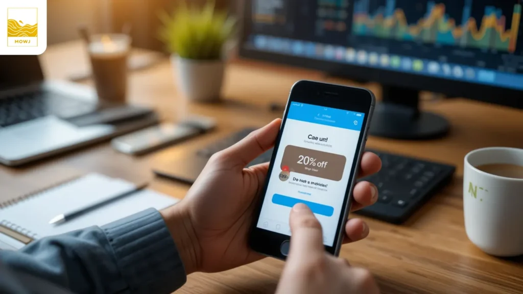 A realistic office desk with a smartphone showing a “20% off – Shop Now!” SMS offer, surrounded by a laptop, notebook, and coffee. A hand prepares to send a bulk message, with analytics data on a blurred screen in the background.