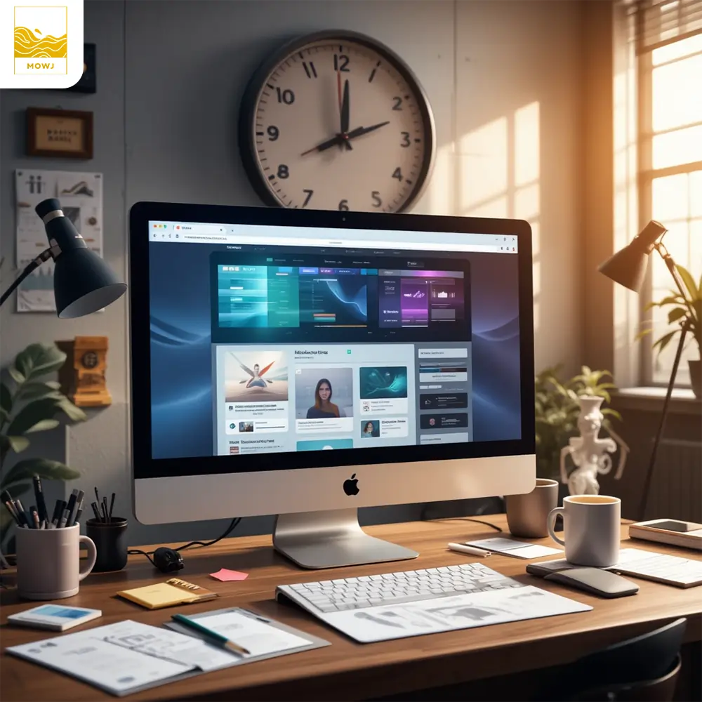 Creative digital workspace with a half-finished website on screen, wall clock showing fast time, and design elements like sticky notes and sketches around.